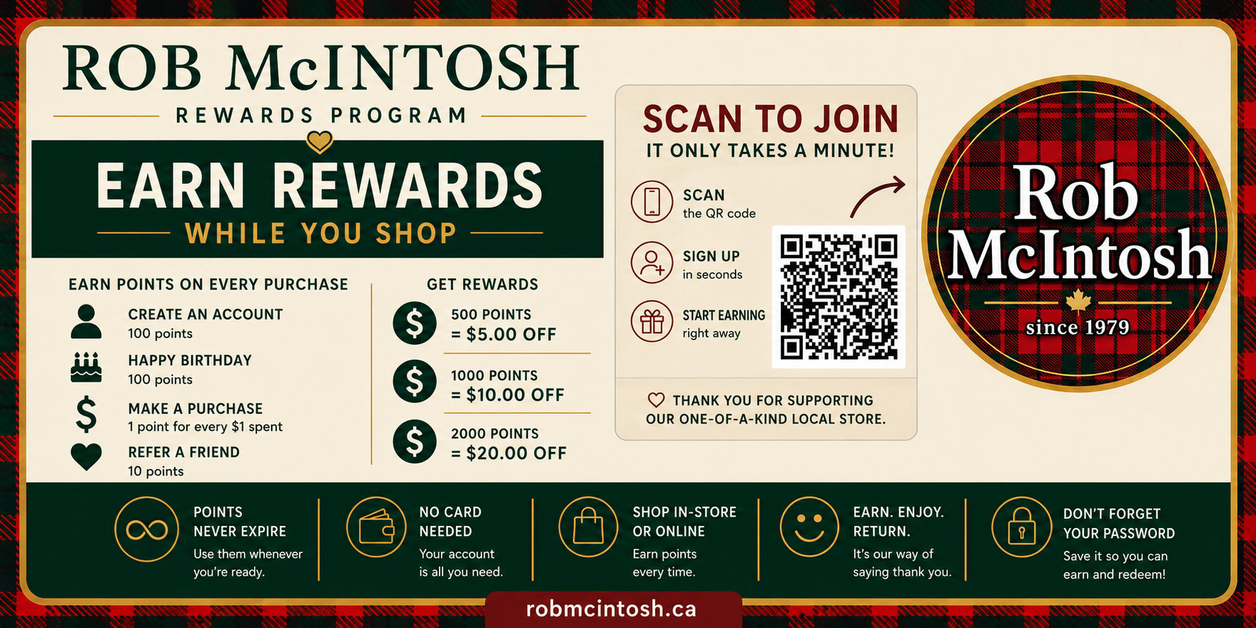 Rob McIntosh Rewards Program promotional banner featuring tartan plaid accents, rewards points details, QR code sign-up, and loyalty benefits for shopping online and in-store.